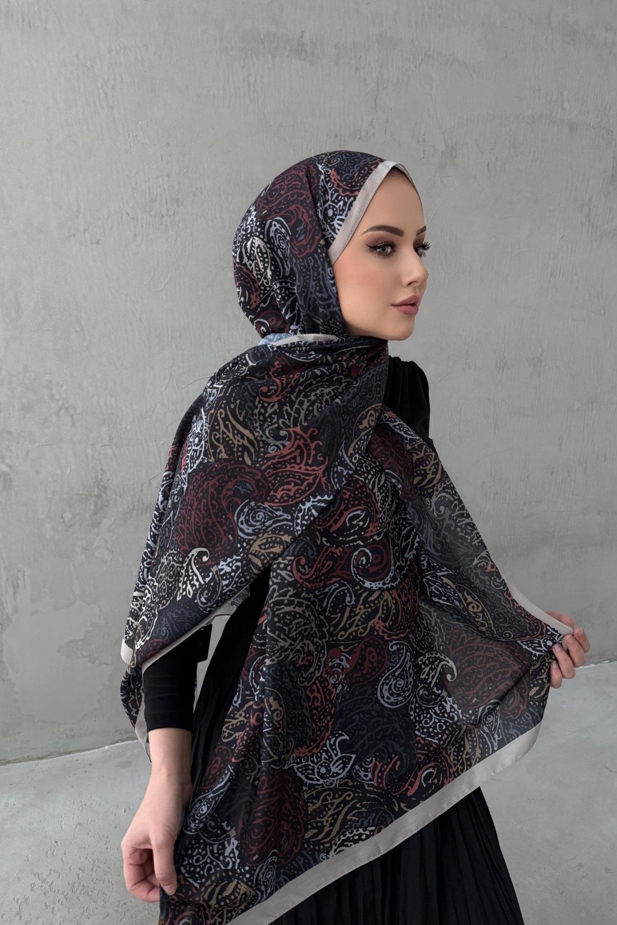 Vizon&Siyah Alaca Bohem Modal İpek Şal