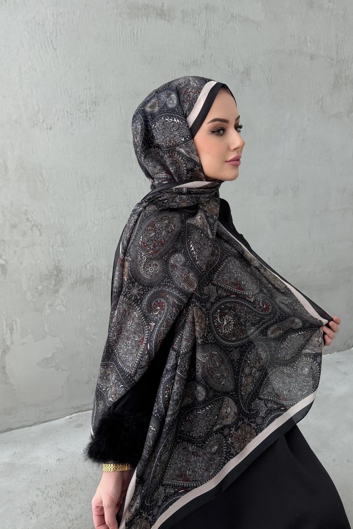 Vizon&Siyah Bukre Bohem Modal İpek Şal