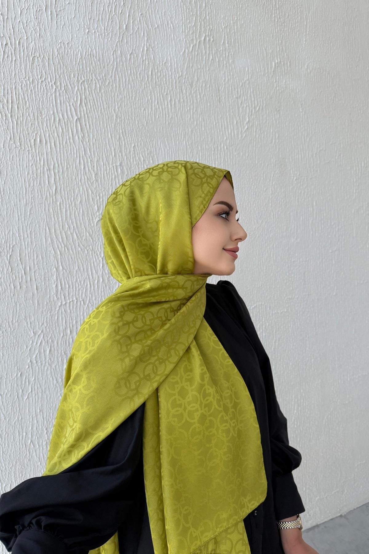 Yağ Yeşili Geometrik Jakar Şal