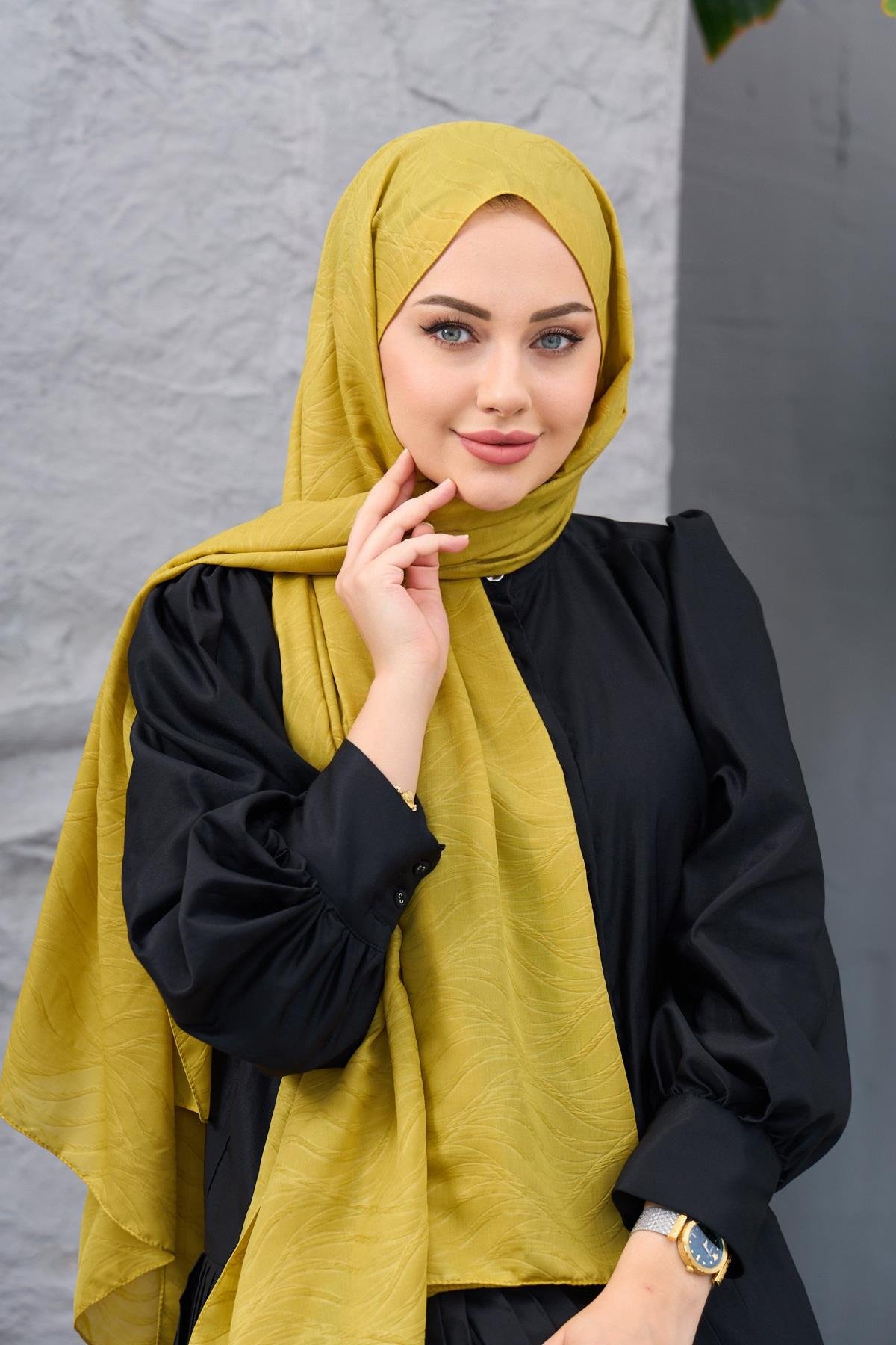 Yağ Yeşili Kendinden Desenli Fresh Şal