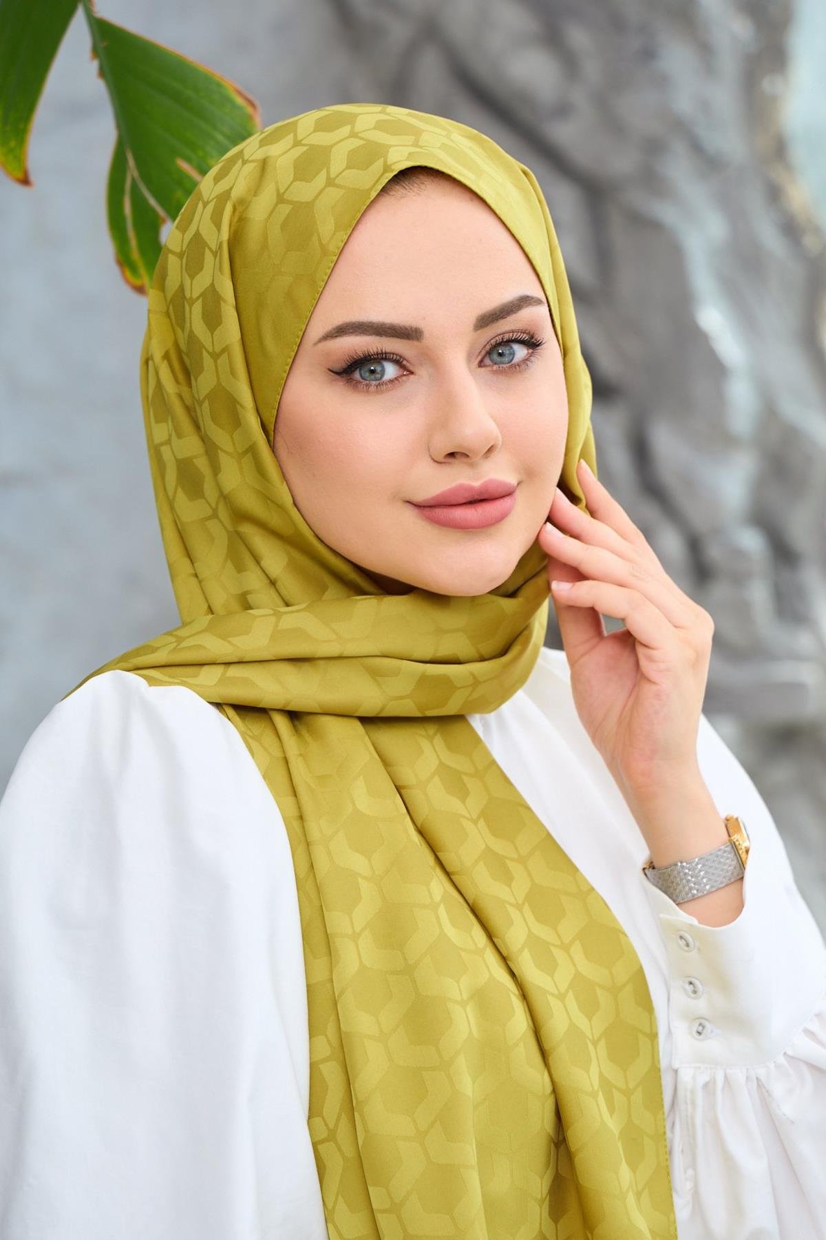 Yağ Yeşili Mozaik Desen İpeksi Jakar Şal
