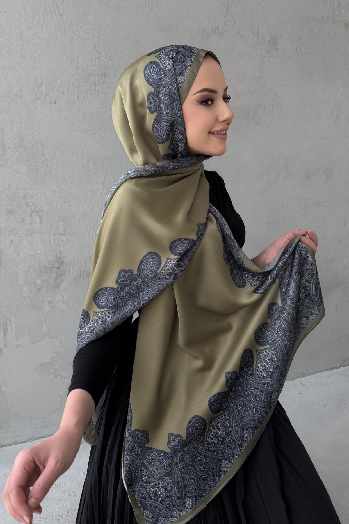 Yağ Yeşili Rozalie Bohem Kumlu İpek Şal 