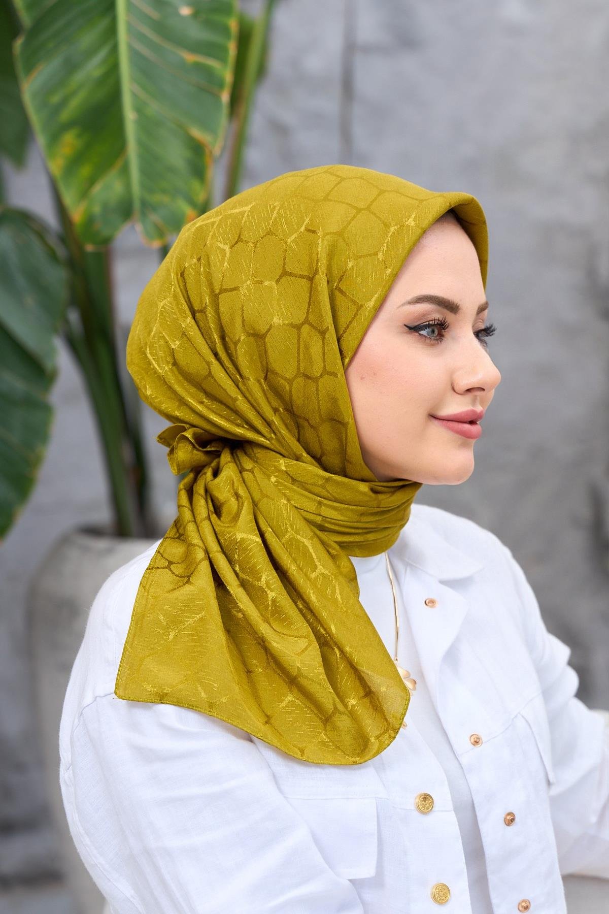 Yağ Yeşili Taş Desen İpeksi Jakar Eşarp 