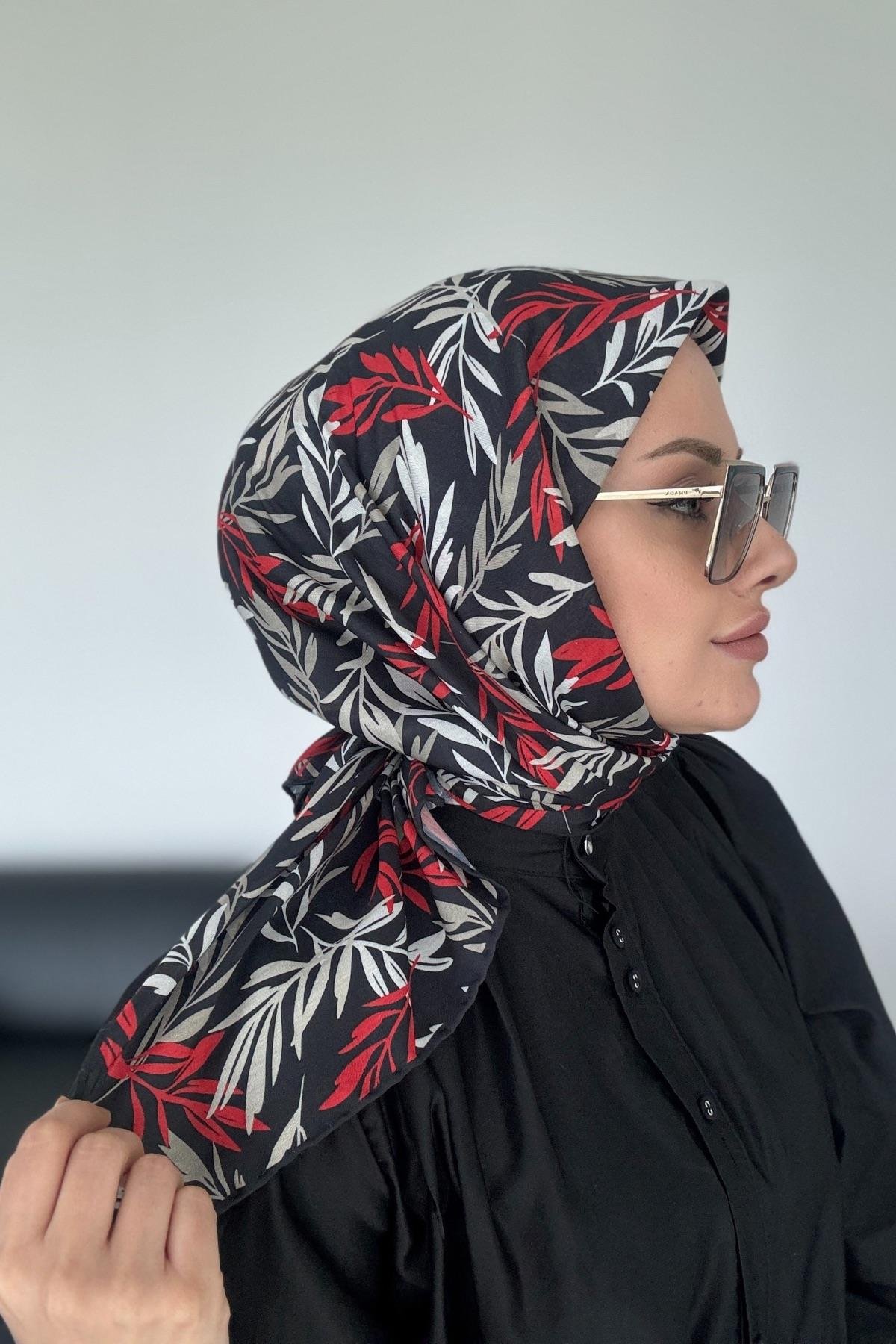 Yaprak Desen Dijital Soft Eşarp Siyah