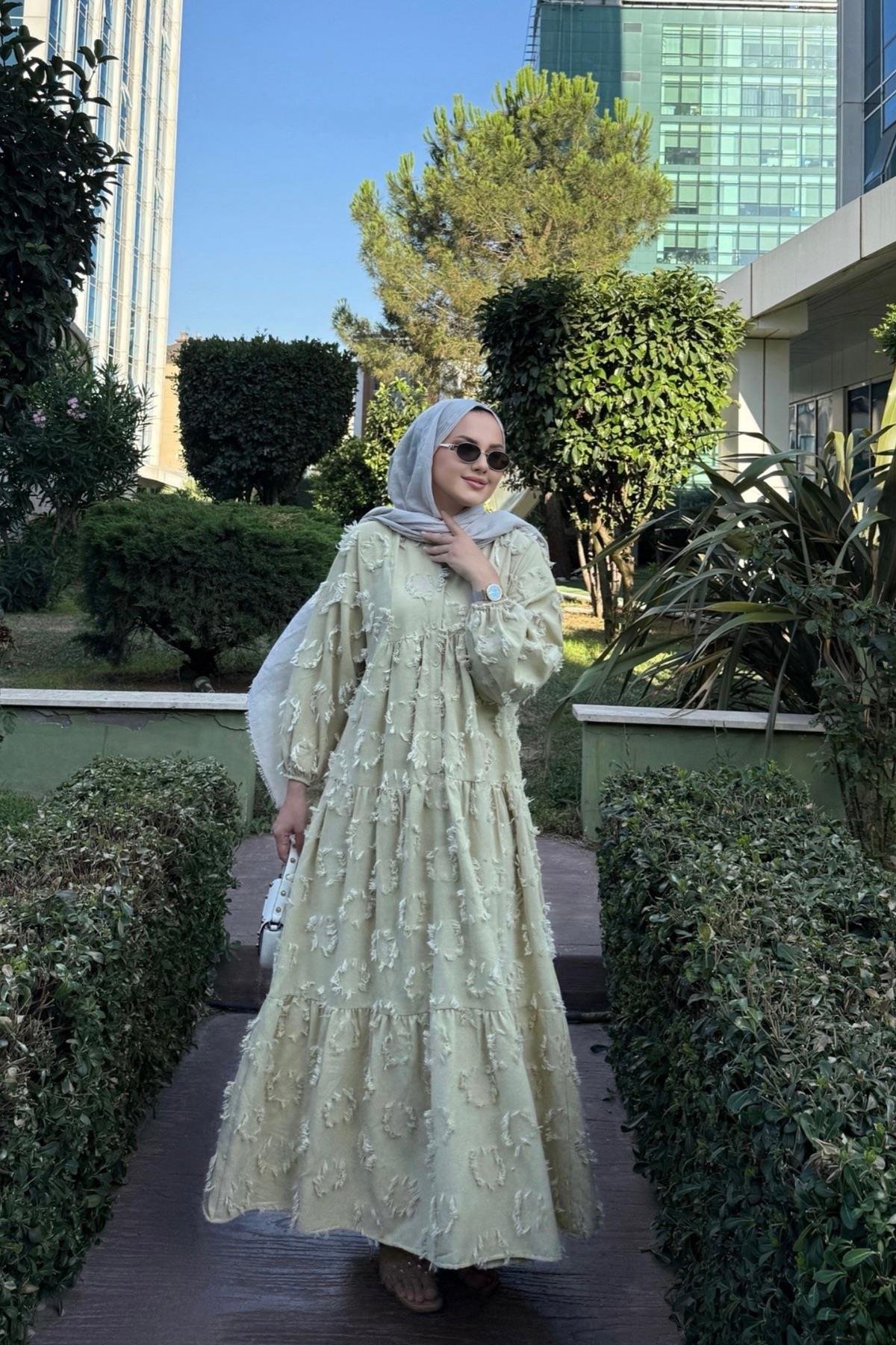 Yelda Premium Keten Elbise Yeşil