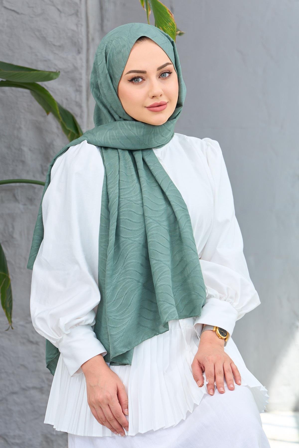 Yeşil Kendinden Desenli Fresh Şal