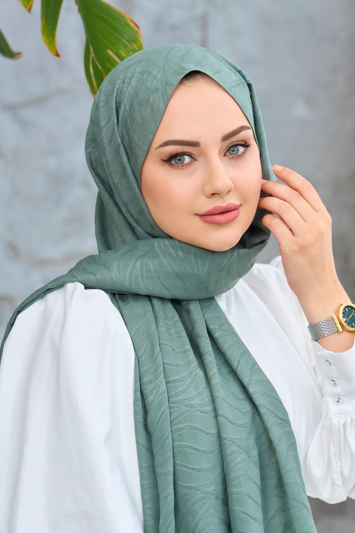 Yeşil Kendinden Desenli Fresh Şal