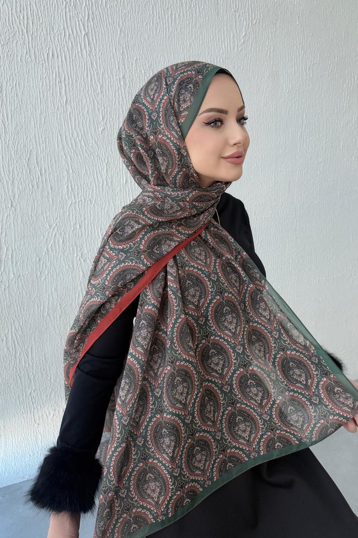 Yeşil Nazende Bohem Modal İpek Şal