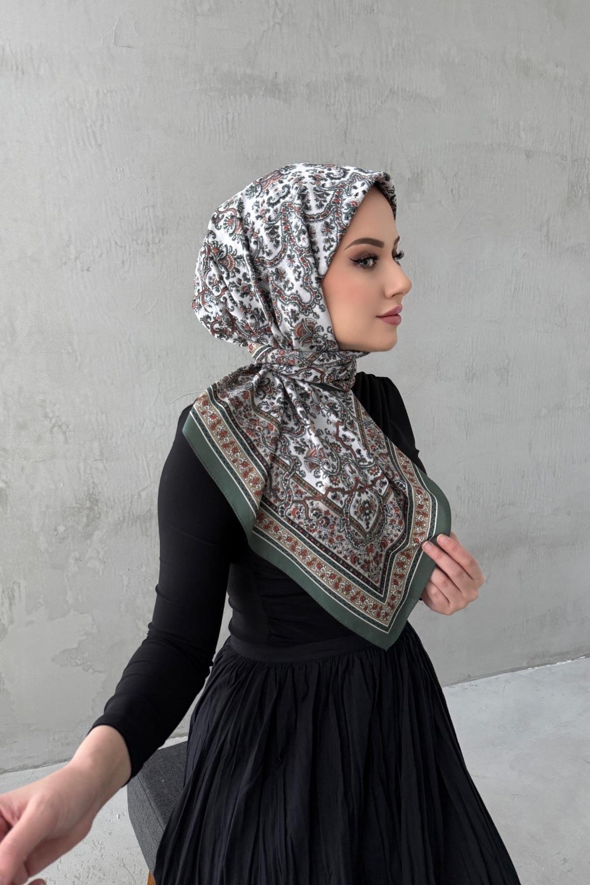 Yeşil&Ekru Bohem Modal İpek Eşarp