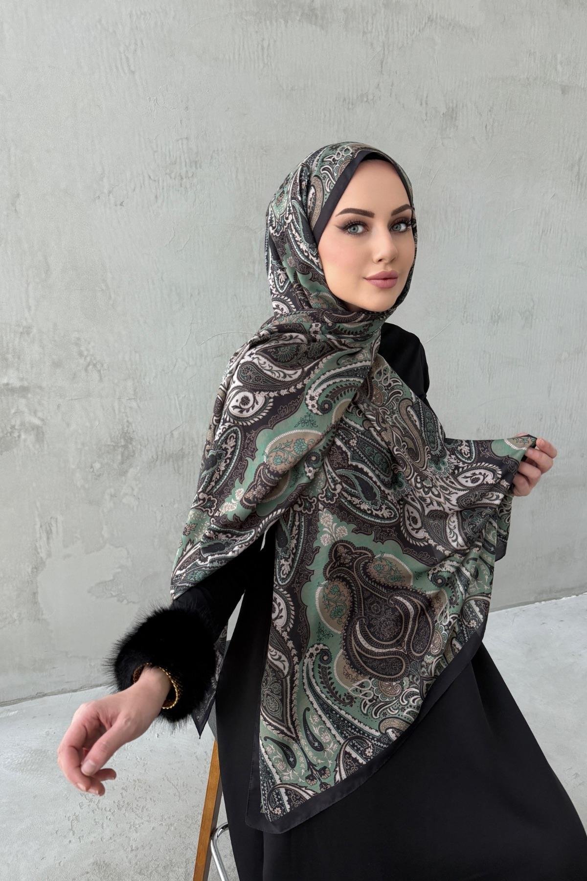 Yeşil&Kahveremgi Amour Bohem Modal İpek Şal