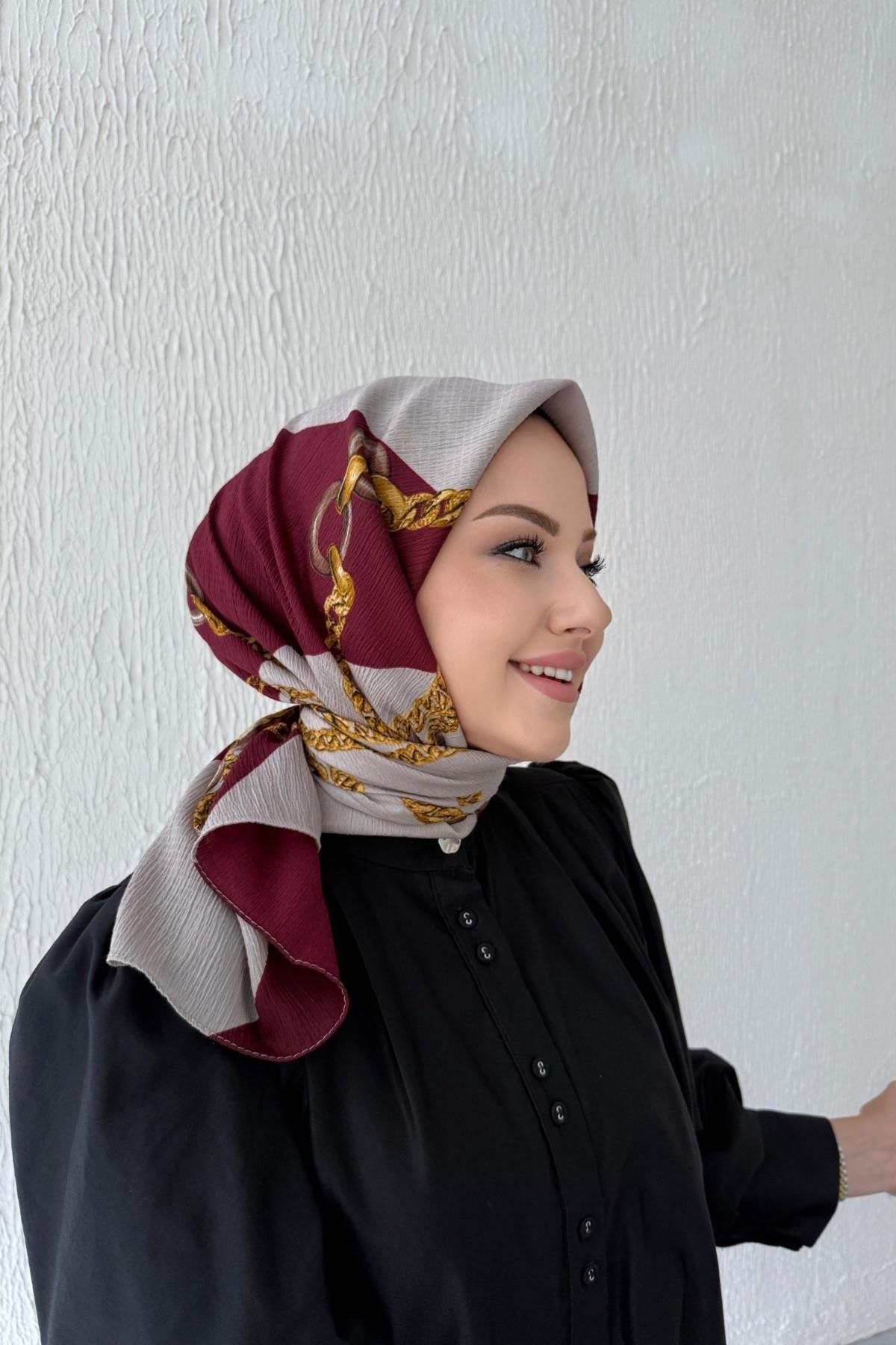 Zincir Desen Naturel Eşarp Bordo