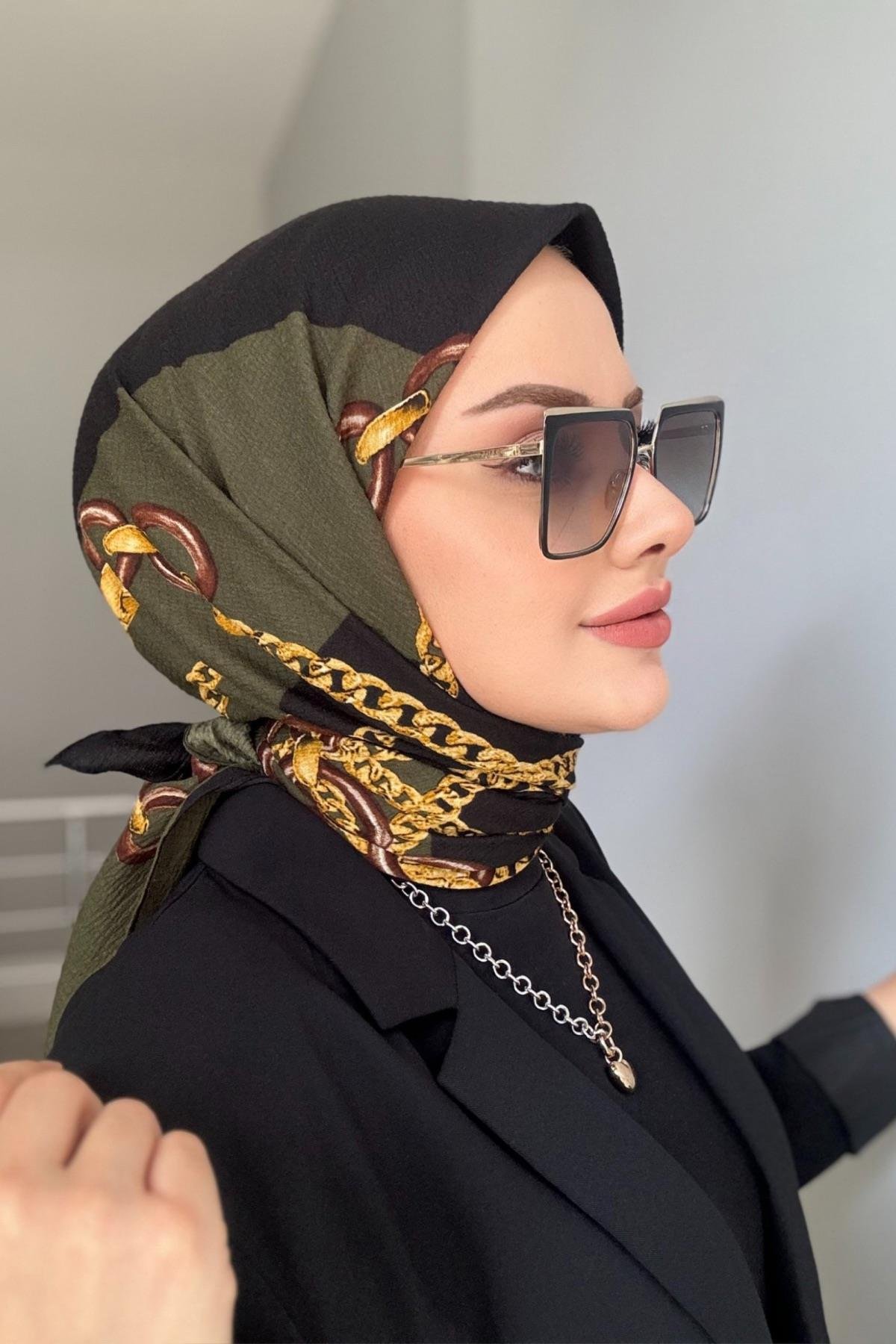 Zincir Desen Naturel Eşarp Haki