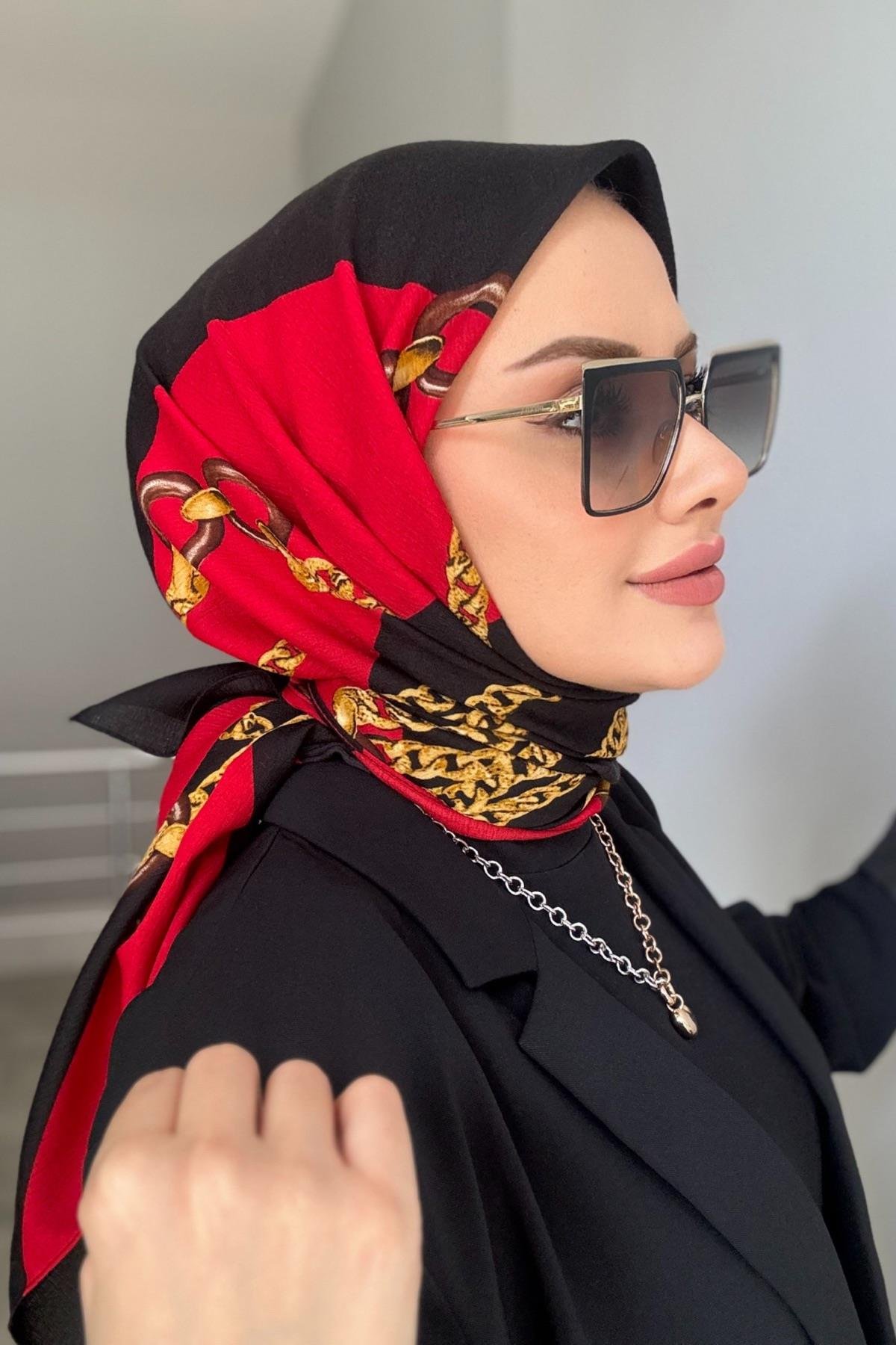 Zincir Desen Naturel Eşarp Kırmızı 