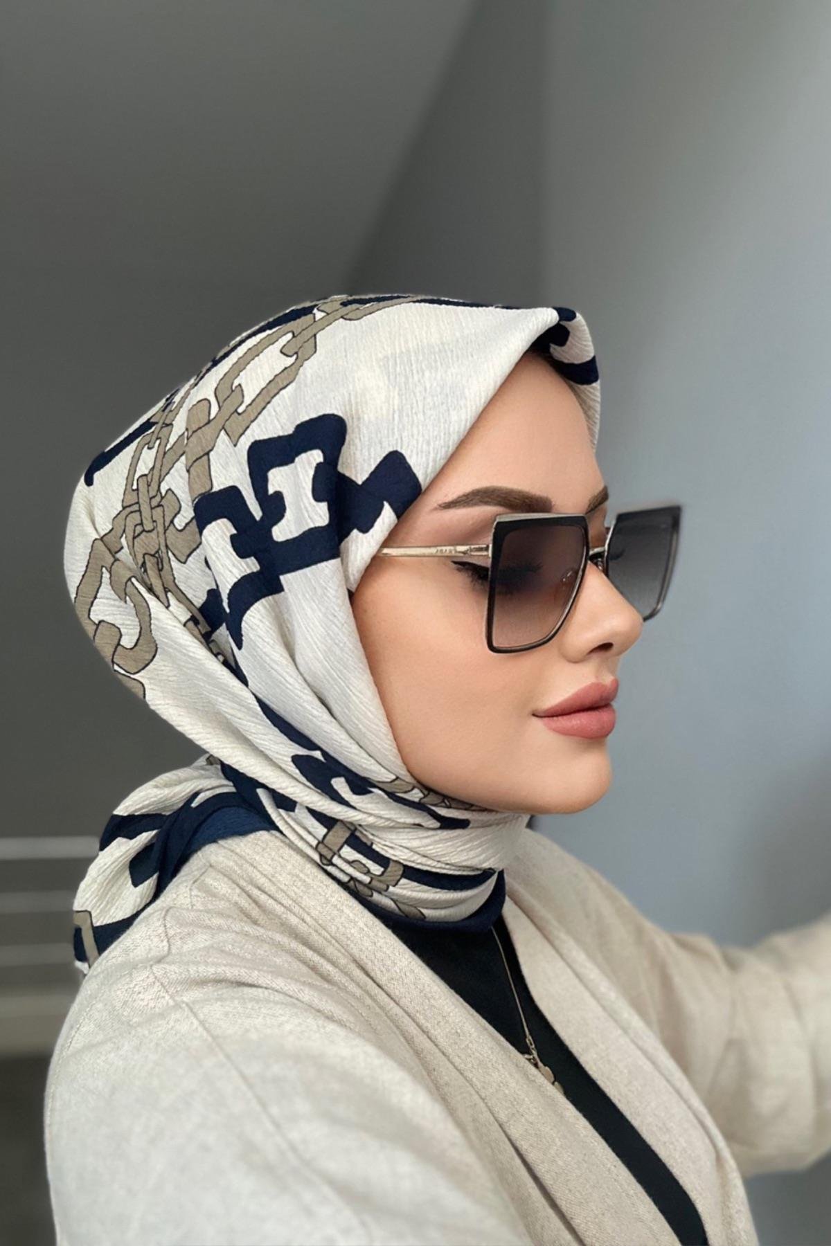 Zincir Desen Naturel Eşarp Lacivert