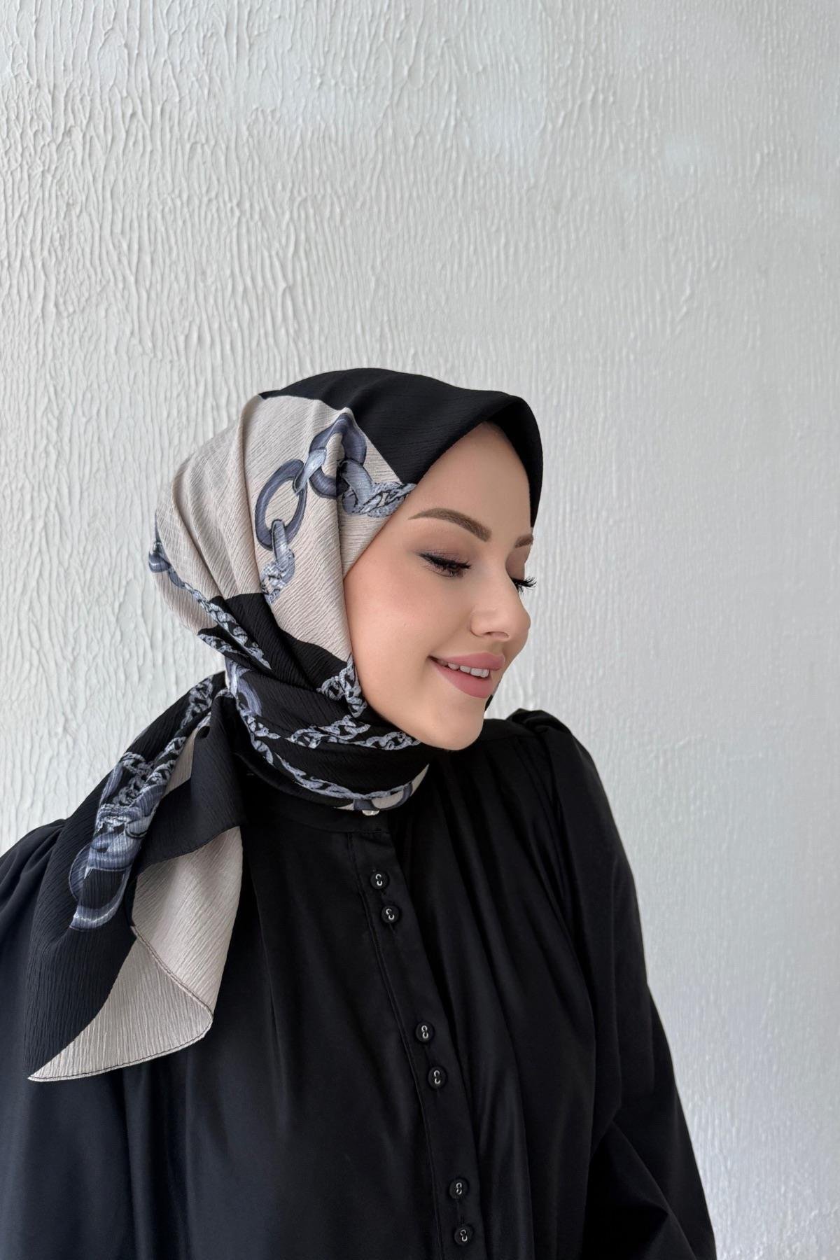 Zincir Desen Naturel Eşarp Siyah