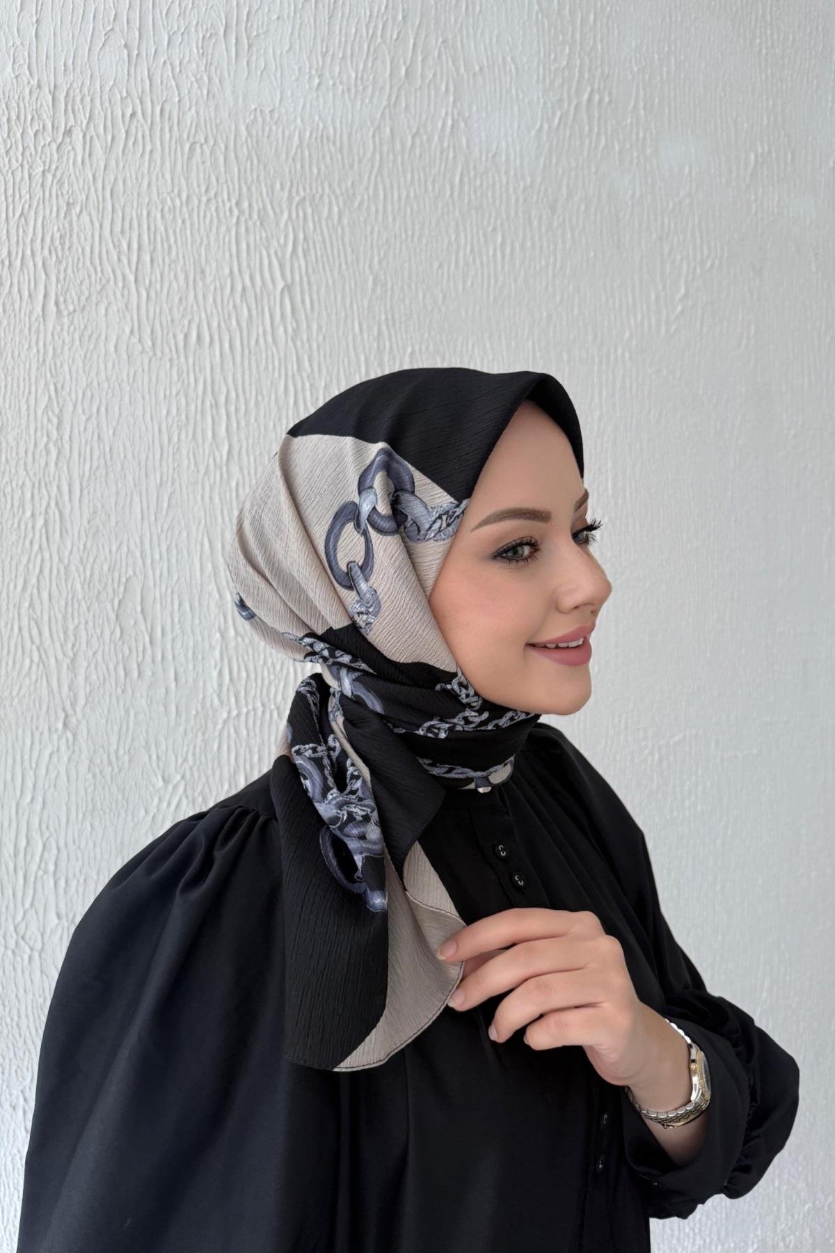 Zincir Desen Naturel Eşarp Siyah