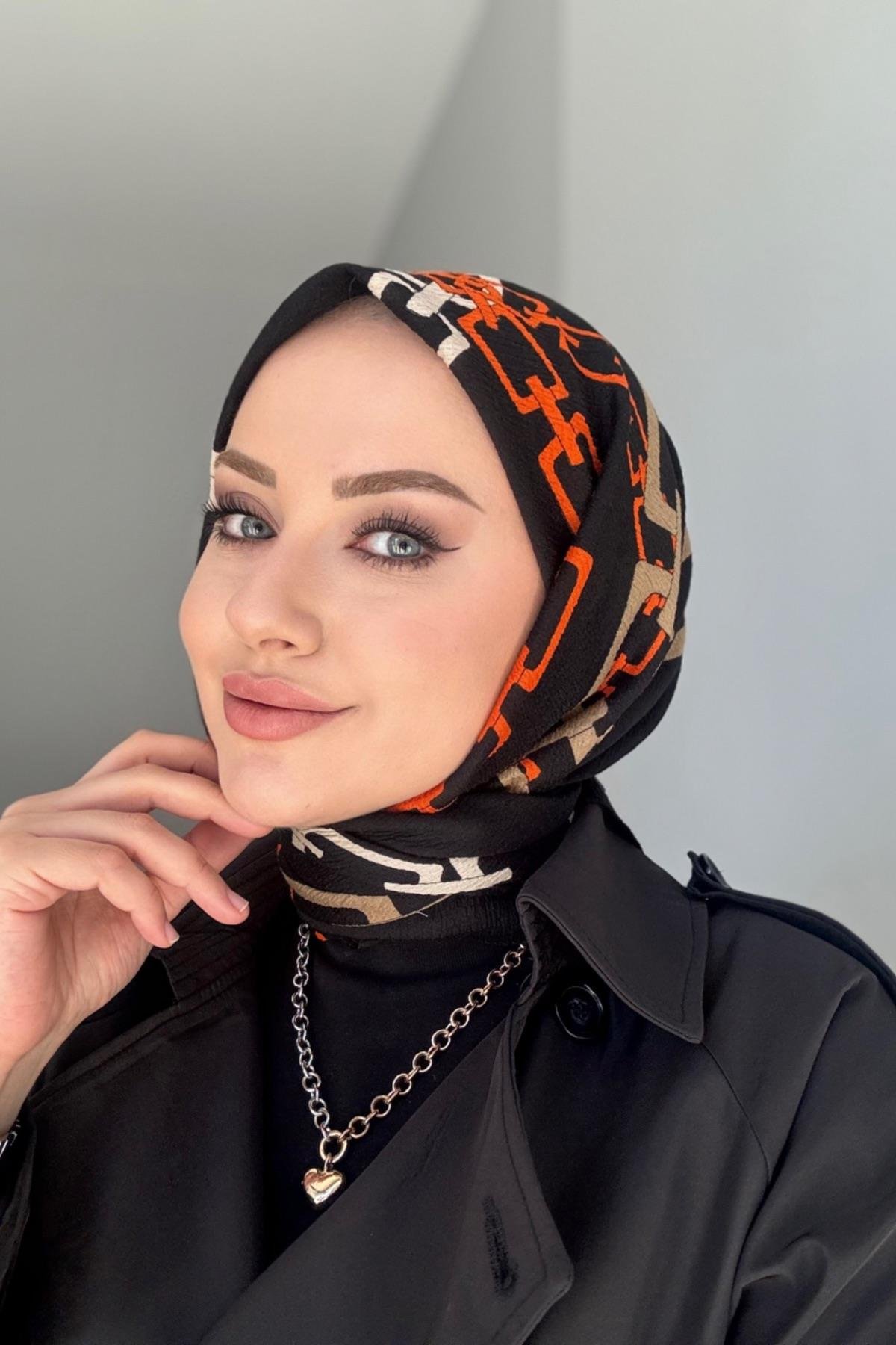 Zincir Desen Naturel Eşarp Siyah Turuncu
