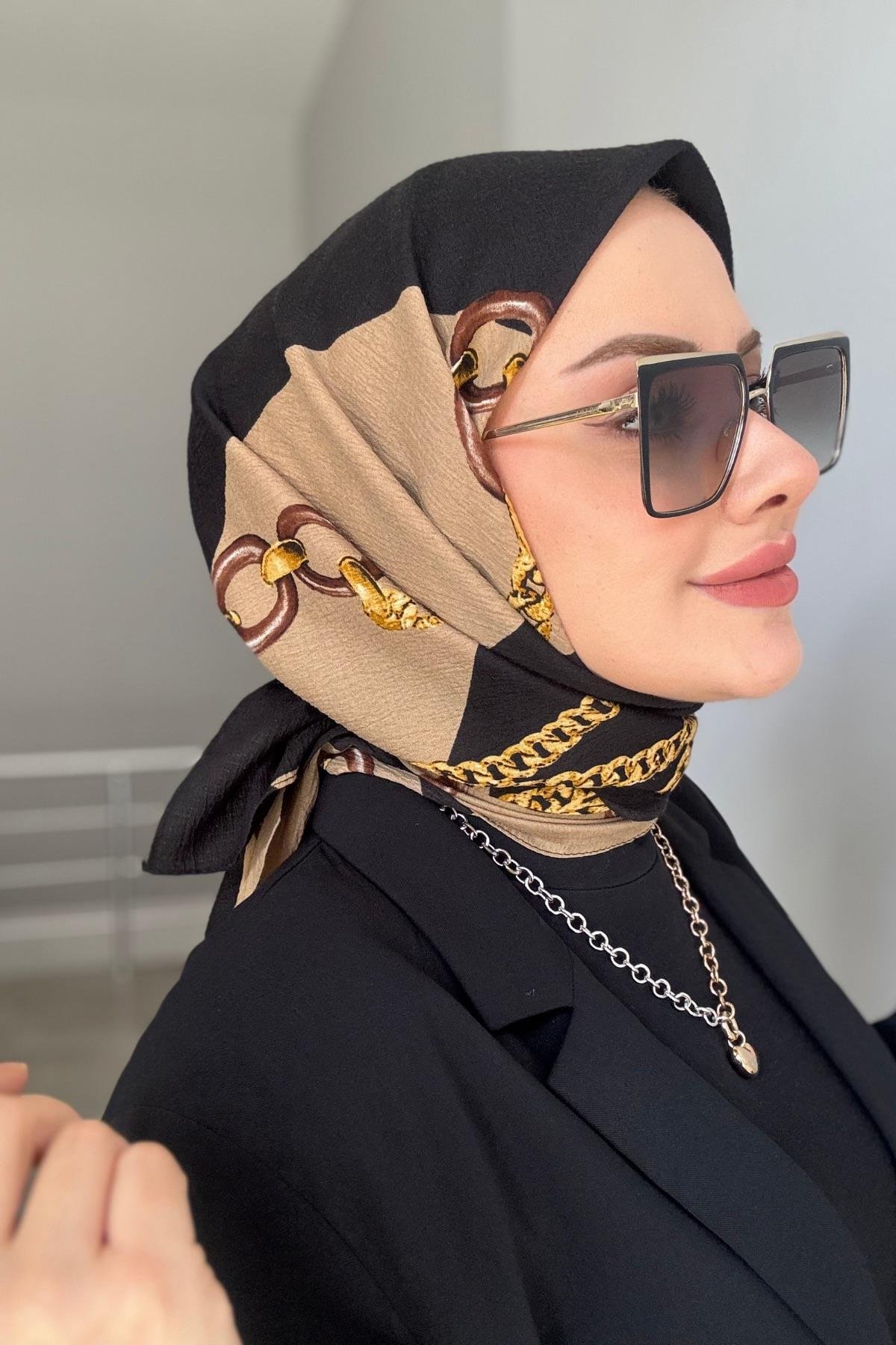 Zincir Desen Naturel Eşarp Siyah Vizon 