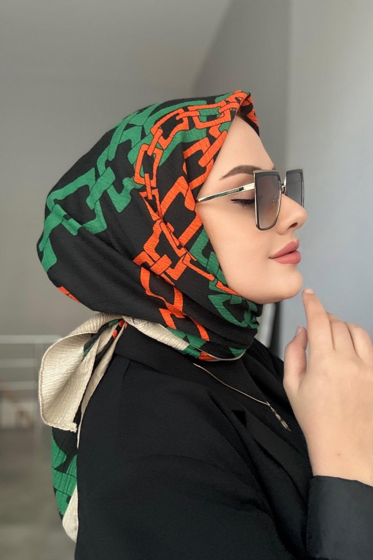 Zincir Desen Naturel Eşarp  Turuncu