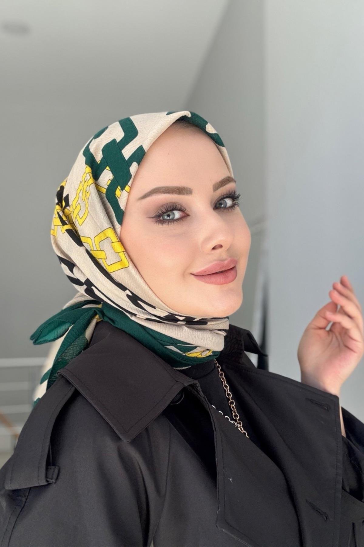 Zincir Desen Naturel Eşarp Yeşil