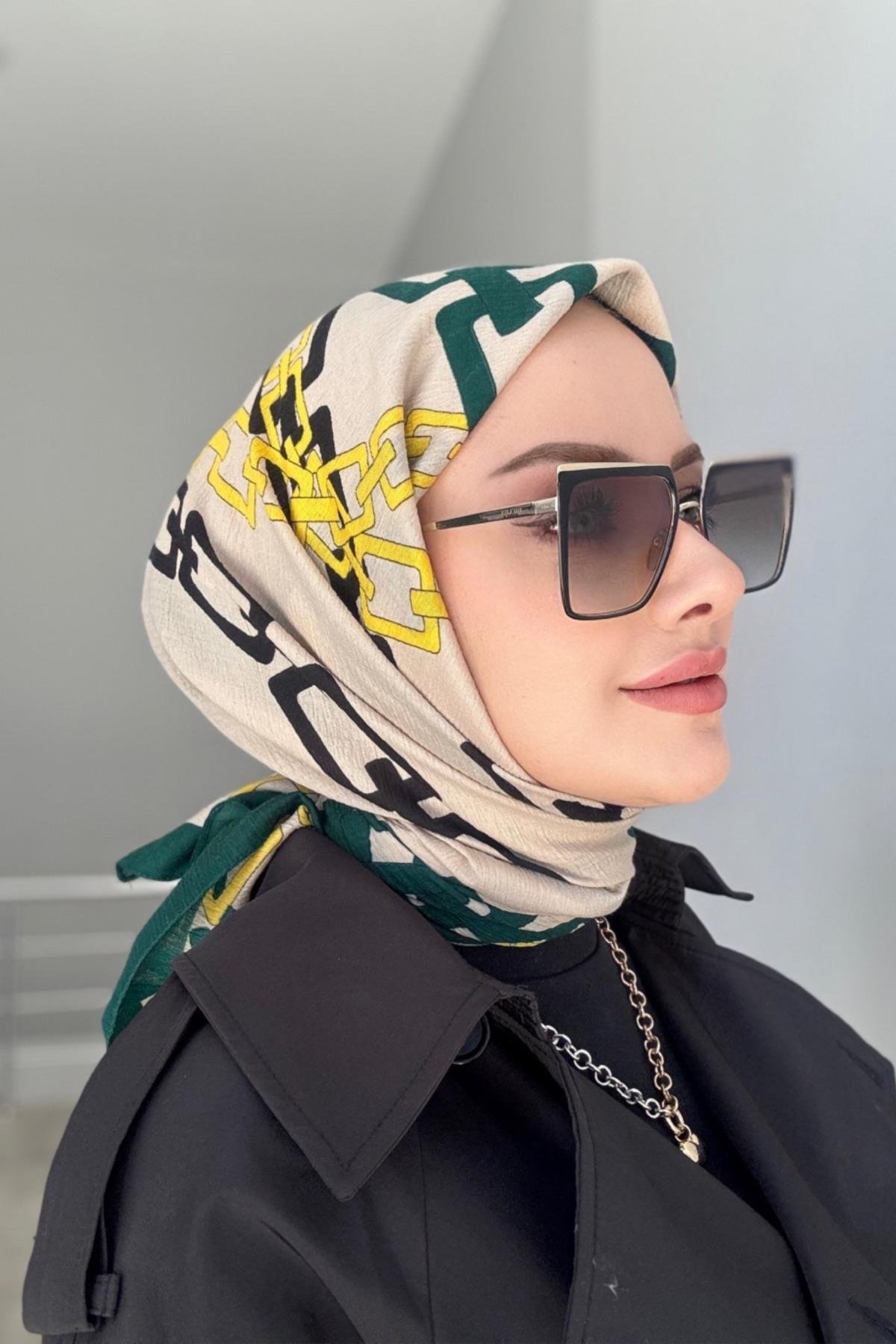 Zincir Desen Naturel Eşarp Yeşil