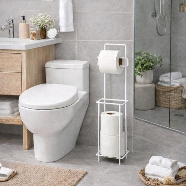 Beyaz Standlı Yedek Hazneli Tuvalet Kağıtlığı