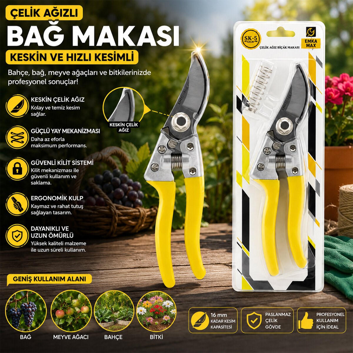 Çelik Ağızlı Bağ Makası - Güvenli Kilit Sistemi - Ergonomik Kulp
