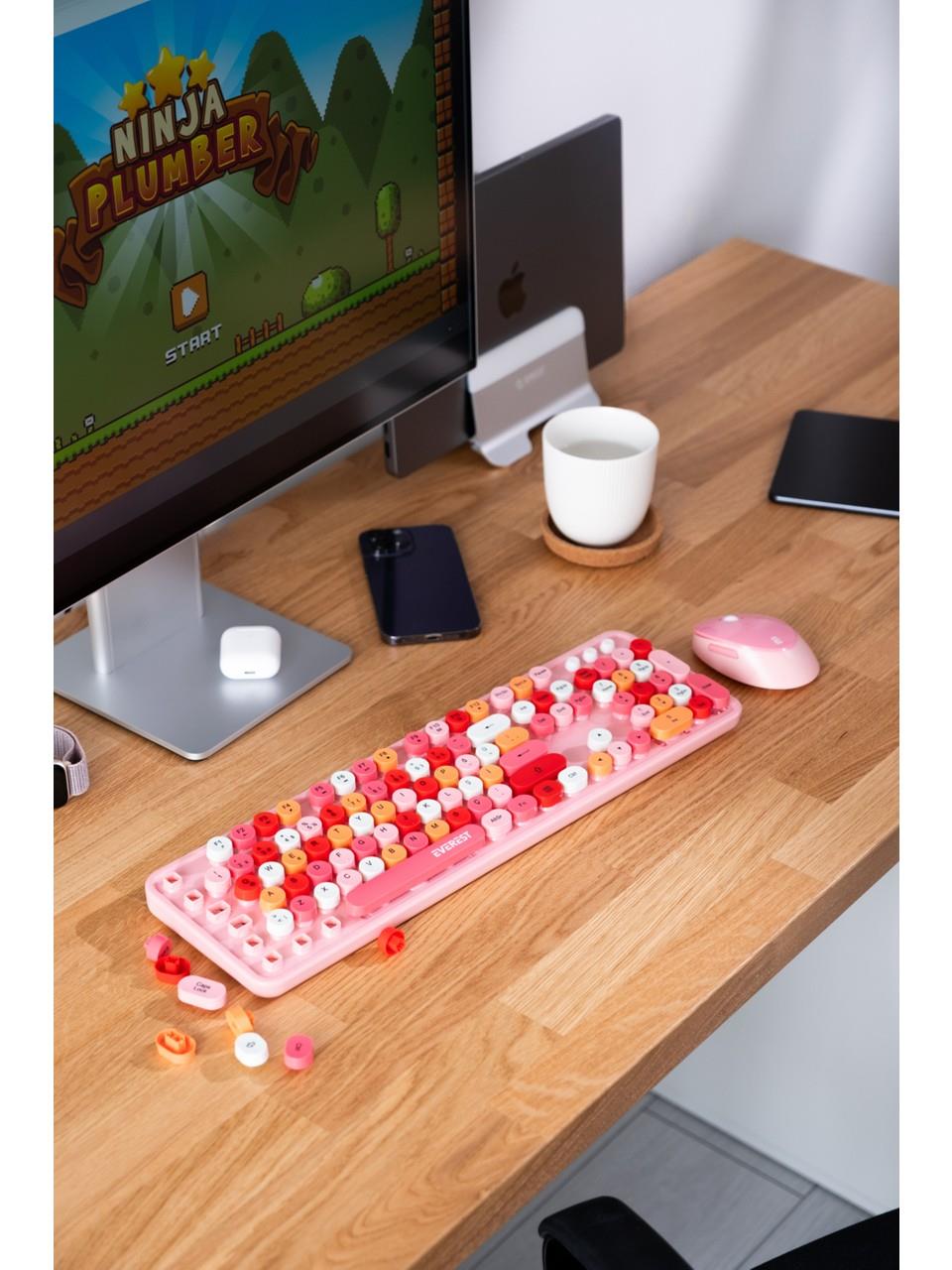 Everest ROUND KM-6282 Renkli Tuşlu Pembe Kablosuz Q Multimedia Klavye + Mouse Set