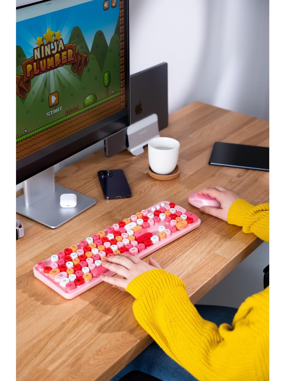 Everest ROUND KM-6282 Renkli Tuşlu Pembe Kablosuz Q Multimedia Klavye + Mouse Set