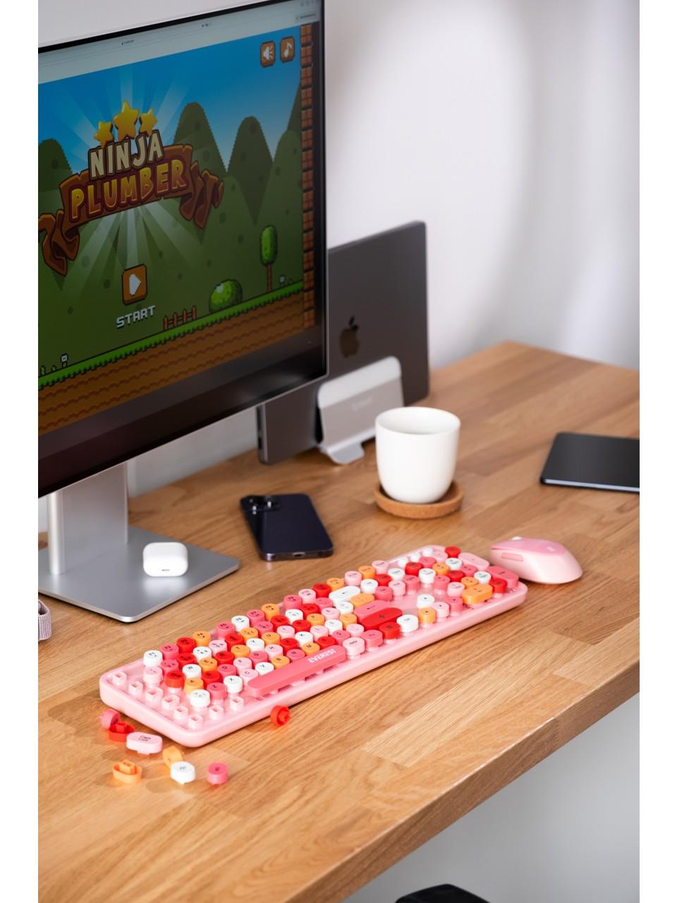 Everest ROUND KM-6282 Renkli Tuşlu Pembe Kablosuz Q Multimedia Klavye + Mouse Set