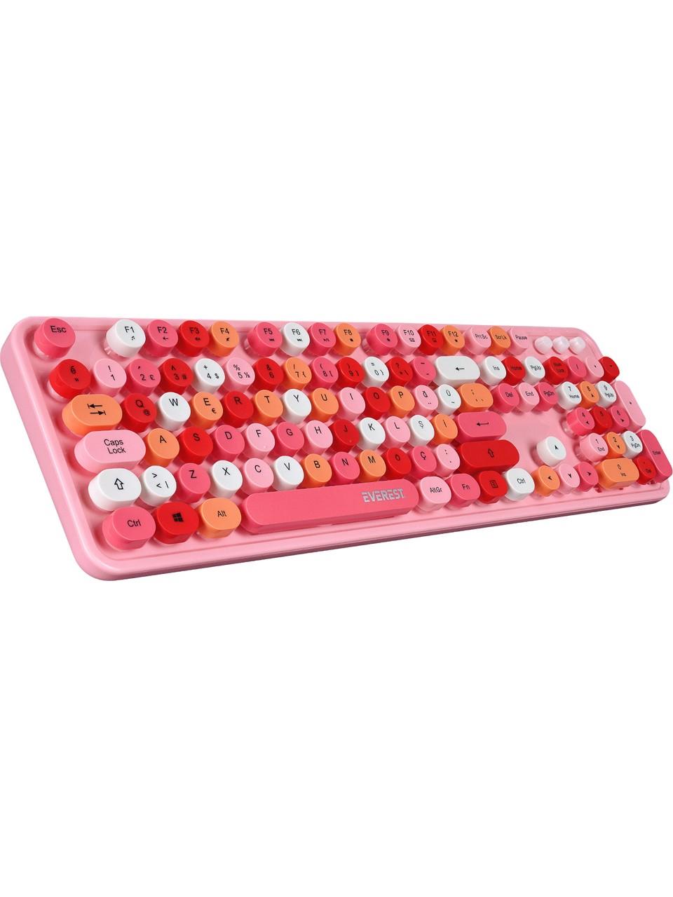 Everest ROUND KM-6282 Renkli Tuşlu Pembe Kablosuz Q Multimedia Klavye + Mouse Set