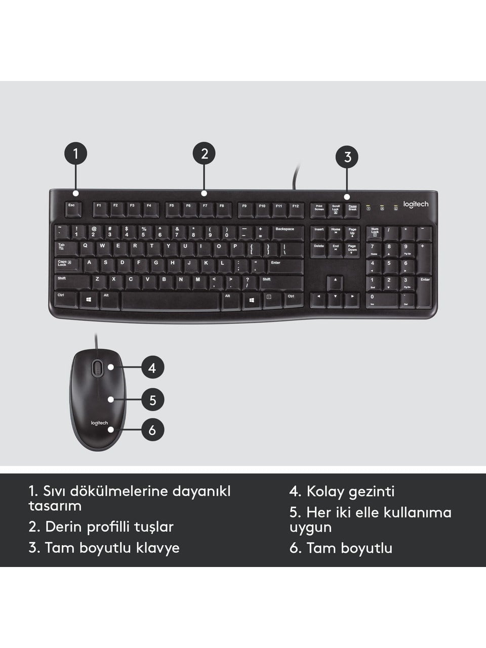 Logitech MK120 USB Kablolu Tam Boyutlu Türkçe Klavye Mouse Seti - Siyah