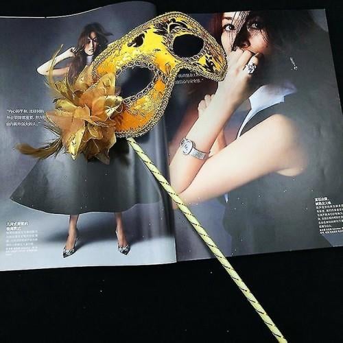 Lüks Taşlı Saplı Balo Maskesi Altın Renk