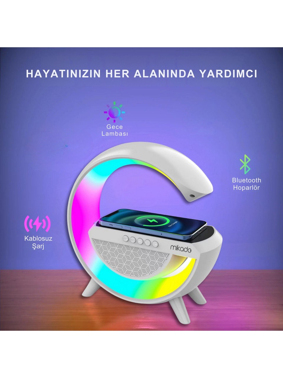 Mikado MD-G111 Rgb Işıklı Kablosuz Şarj Bluetooth Hoparlör Speaker 15 Watt Beyz 1800MAH Bt/tf/usb Wireless