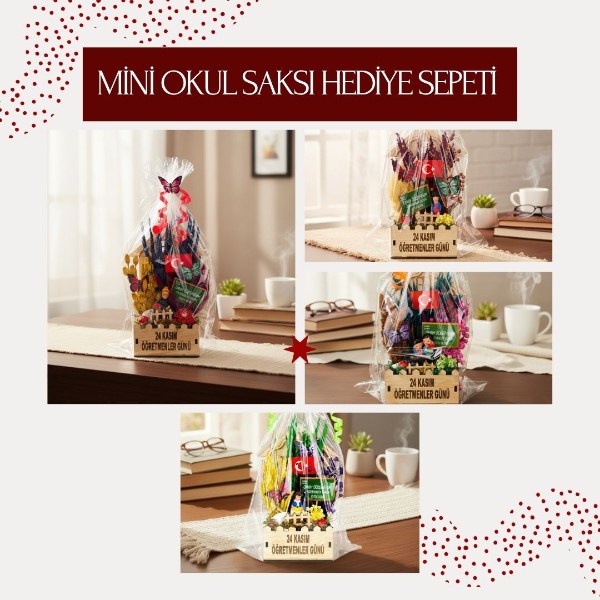Mini Okul Saksı Hediye Sepeti - Öğretmenler Günü Hediyesi