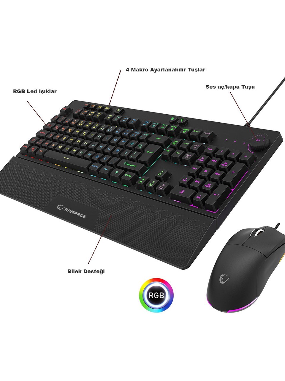 Rampage Eclıpse Siyah USB Rgb Aydınlatmalı Q Gaming 4 Tuş Makrolu Oyuncu Klavye Mouse Set