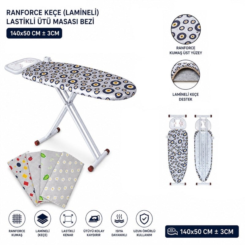 Ranforce Keçe Ütü Masası Bezi - Lastikli - Lamineli - 140x50 cm