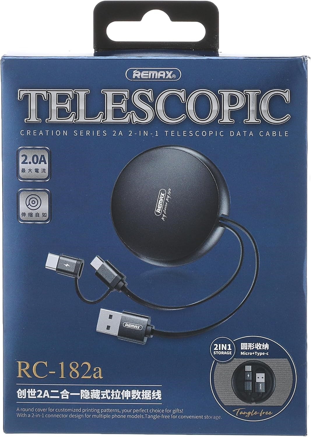 Remax Rc-182A Creation Serisi 2A 2'si 1 Arada Teleskopik Veri Kablosu (Micro ve Type C için) - Siyah, USB