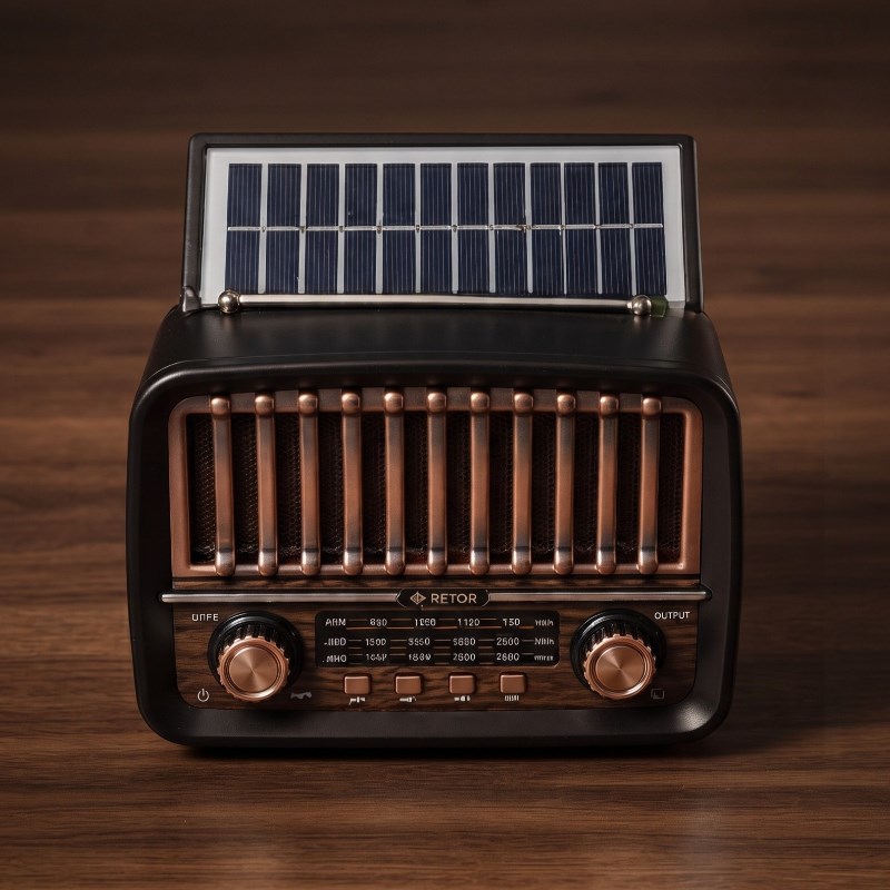 Solar Panelli FM Radyo - Şarjlı - Bluetooth Özellikli - AUX Girişli - Nostaljik Tasarım