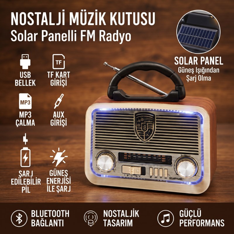 Solar Panelli LED Fenerli FM Radyo - Nostaljik Tasarım - Şarjlı - Bluetooth Özellikli