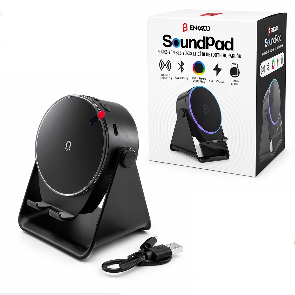 SoundPad Bluetooth Hoparlör - İndüksiyon Temas Özellikli - Telefon Standlı - Type-C Şarj - RGB Ambiyans Aydınlatma