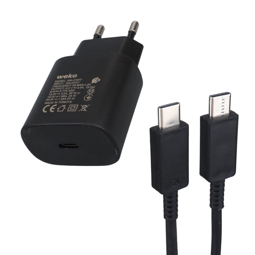 WEKO WK-27877 NOTE10 25 WATT SİYAH ŞARJ BAŞLIK ADAPTÖRÜ + TYPE-C TO TYPE-C KABLO