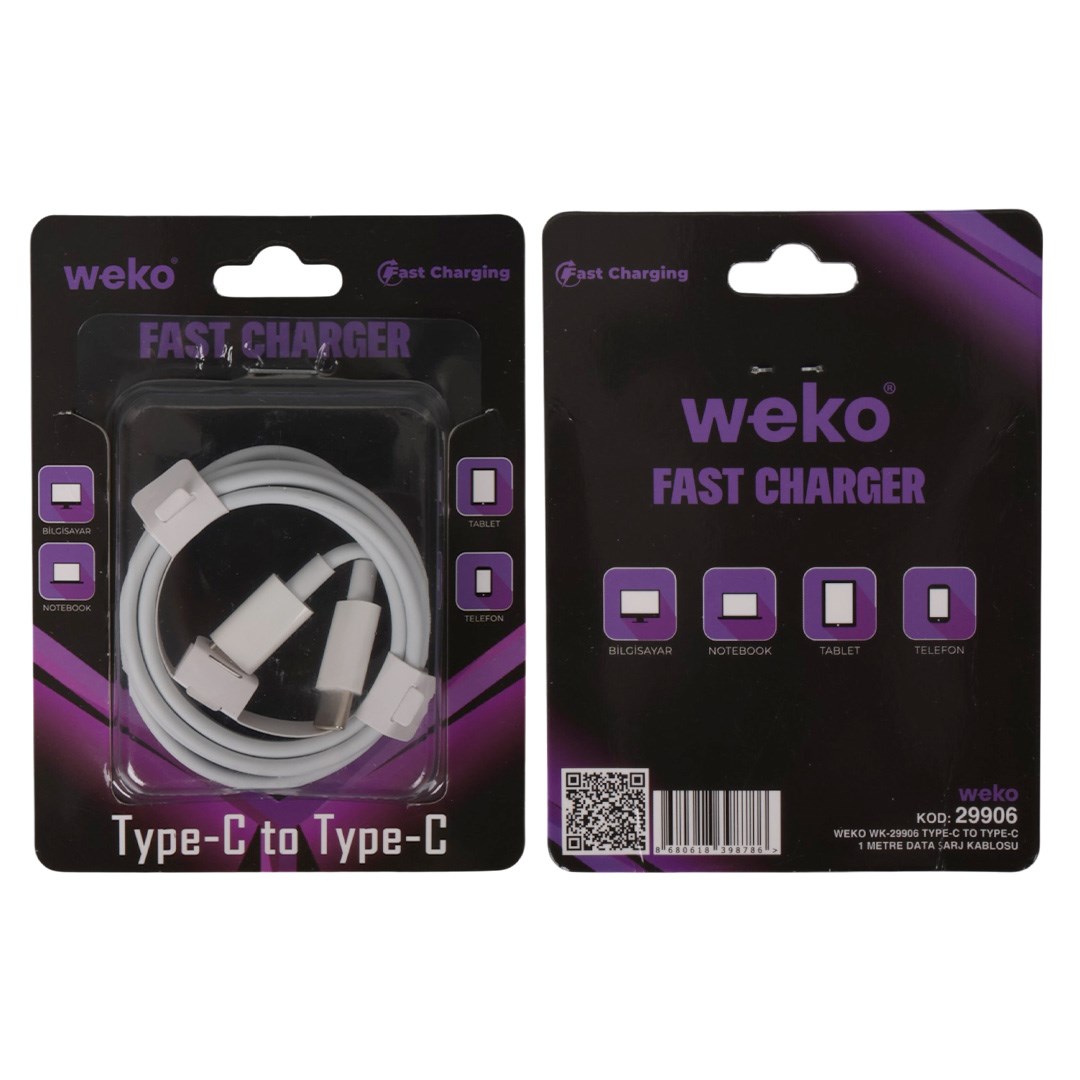 WEKO WK-29906 BEYAZ 1 METRE TYPE-C TO TYPE-C ŞARJ - DATA AKTARIM KABLOSU