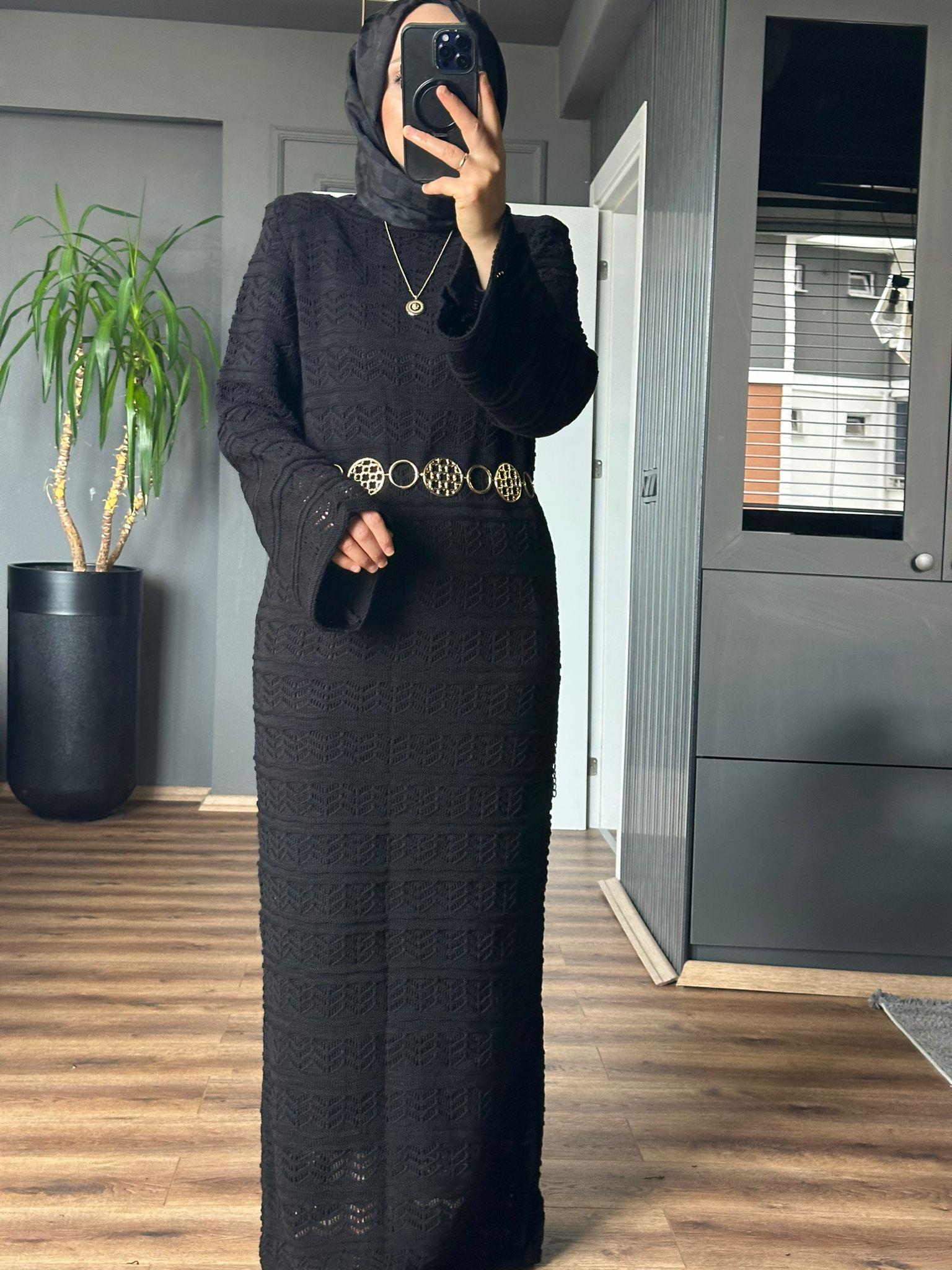 002026 ZİKZAK DESENLİ ÖRME ELBİSE SİYAH