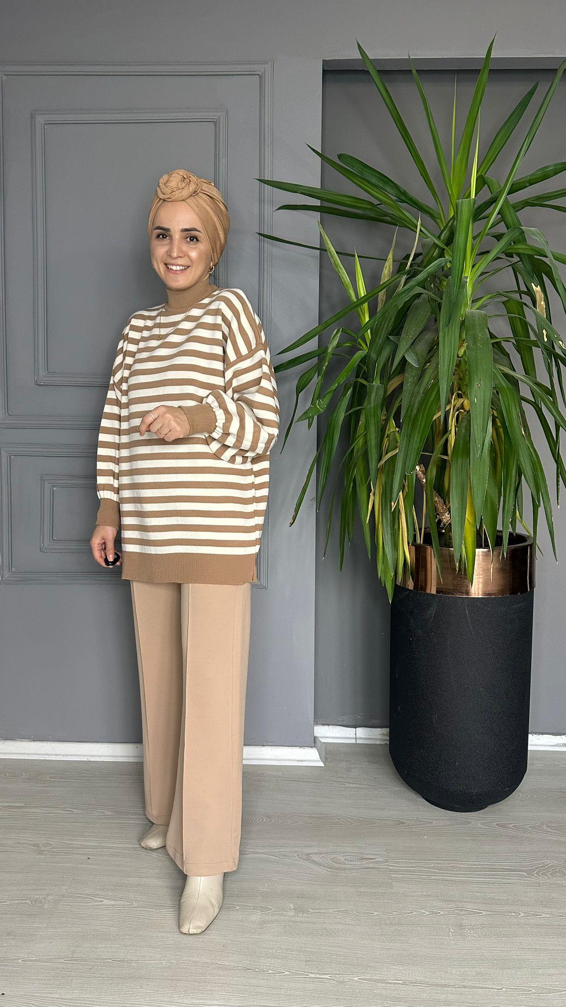 10076 İNCE ÇİZGİLİ TRİKO CAMEL