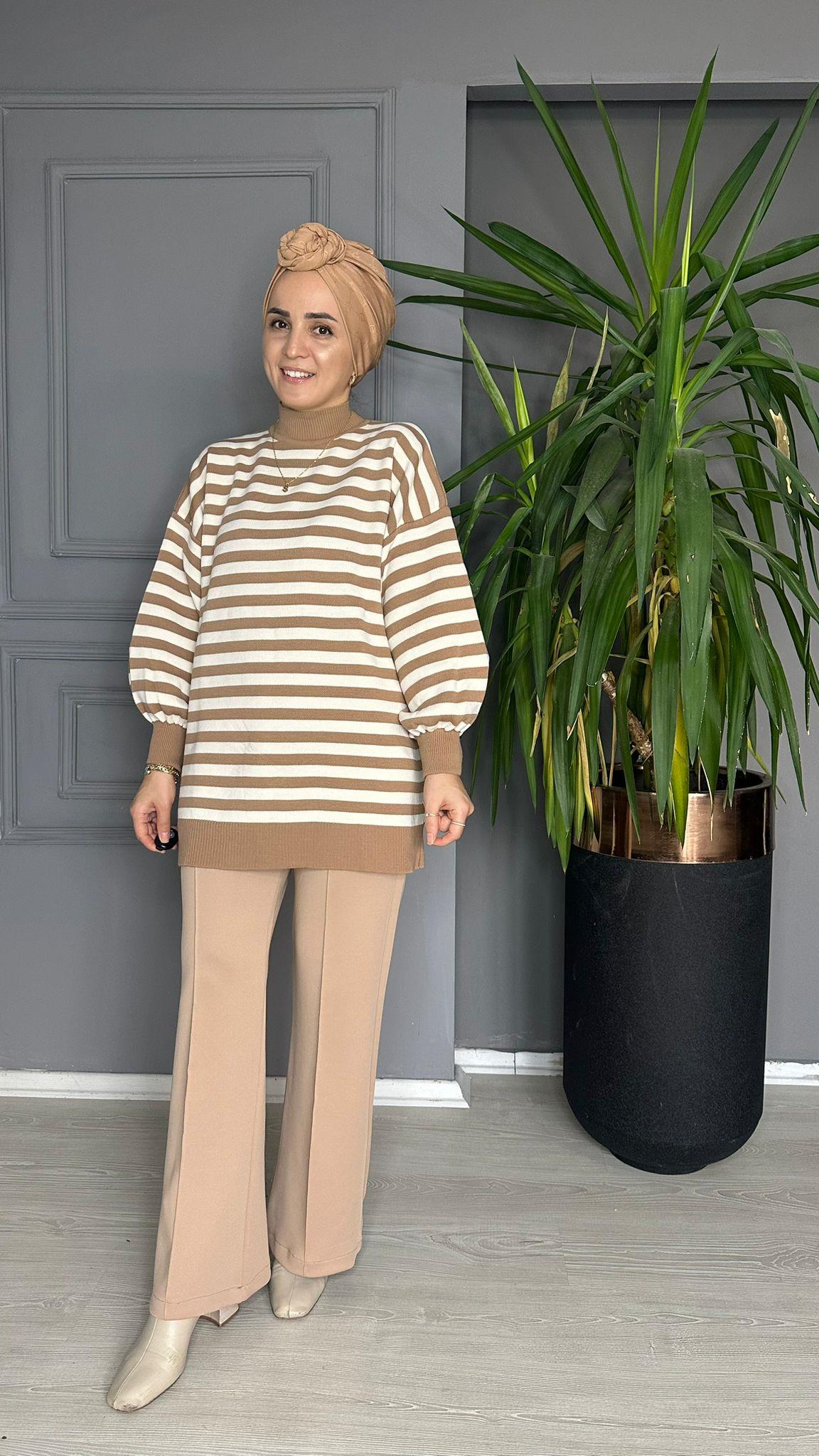 10076 İNCE ÇİZGİLİ TRİKO CAMEL