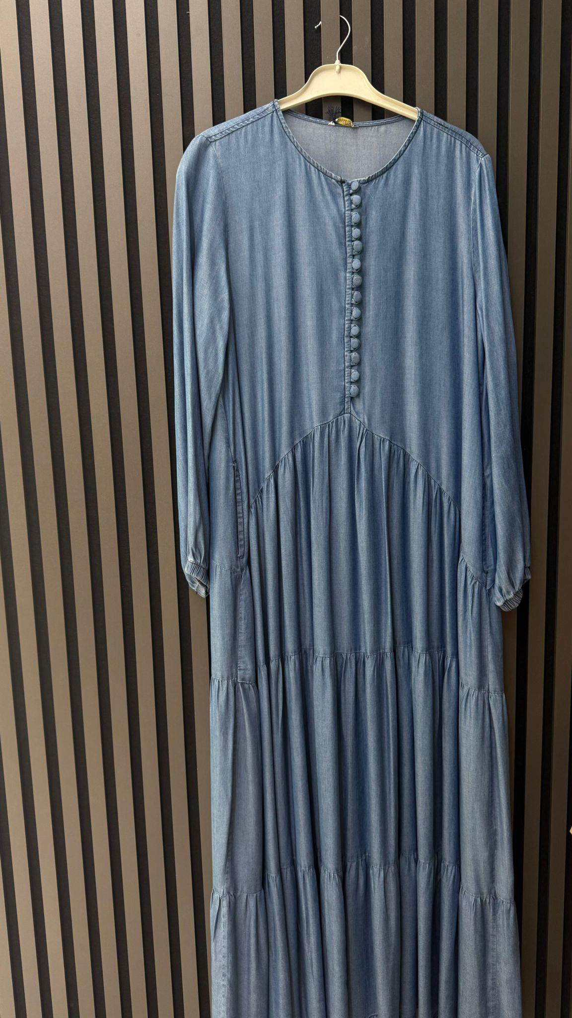 1017 DÜĞMELİ TENSEL KOT ELBİSE