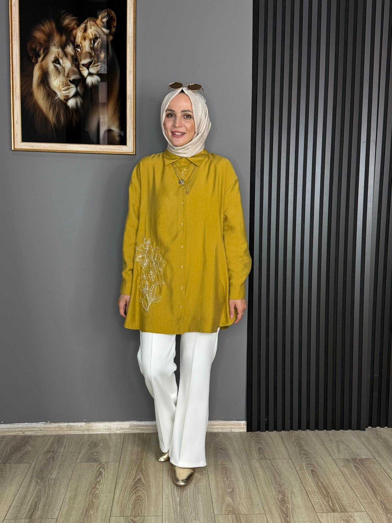 10793 İŞLEMELİ GÖMLEK HARDAL