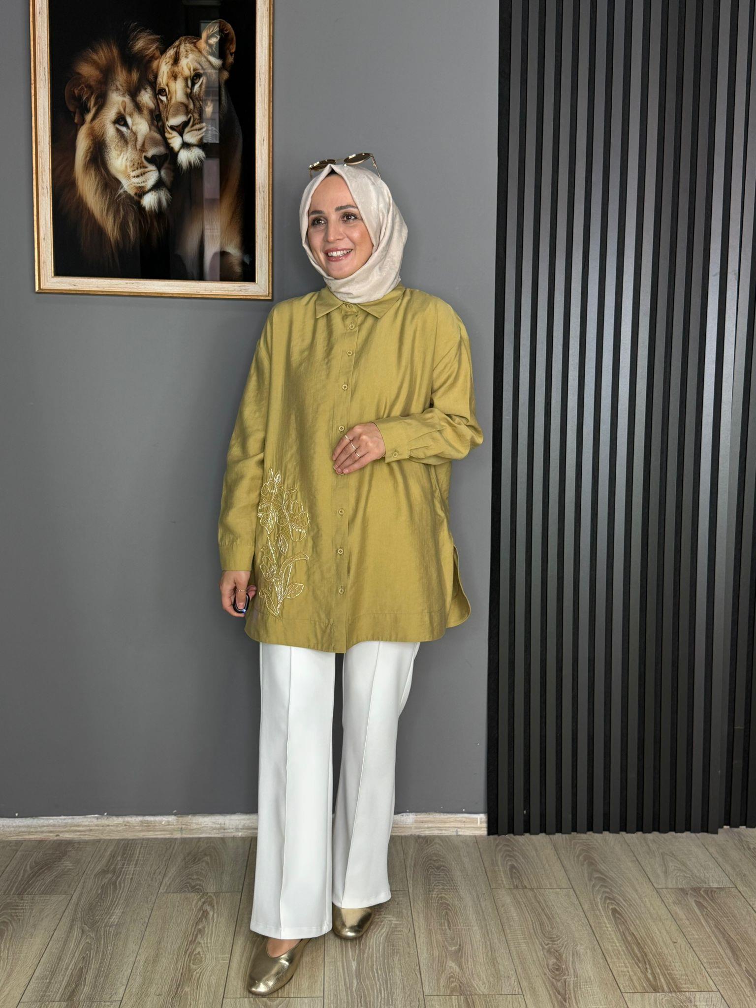10793 İŞLEMELİ GÖMLEK YAĞ YEŞİLİ 