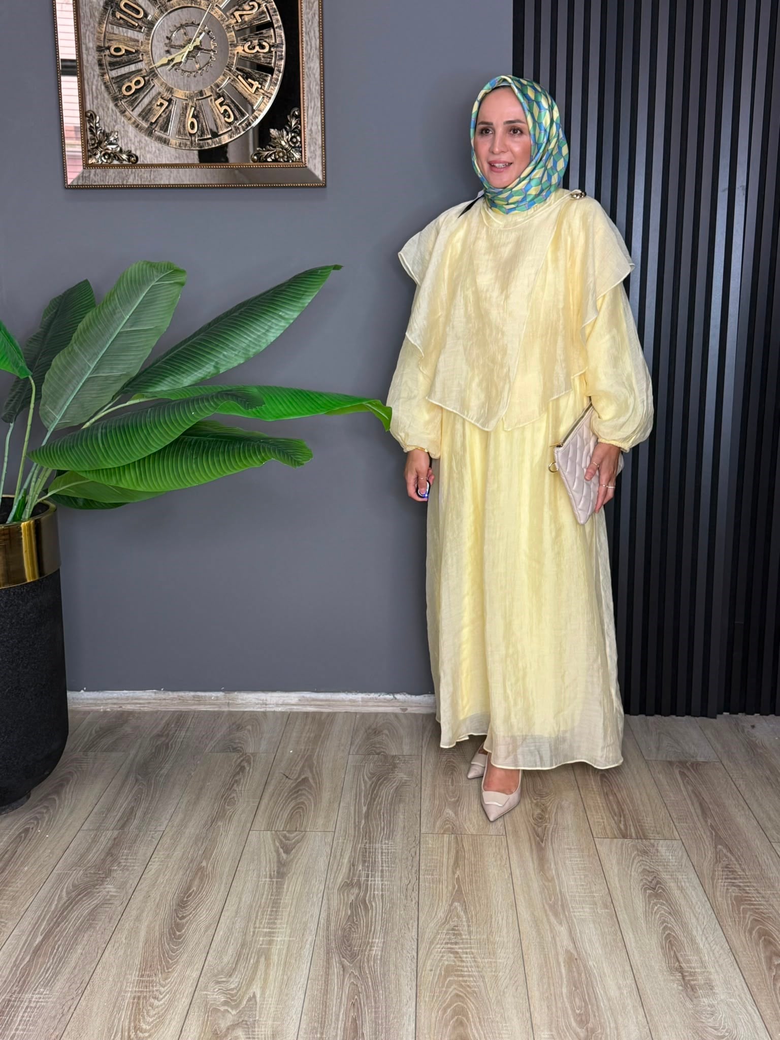 1101 PELERİN DETAY ELBİSE SARI 